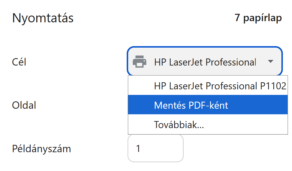 A böngésző nyomtatás ablaka, ahol a Cél legördülő listából a „Mentés PDF-ként” lehetőség van kiválasztva