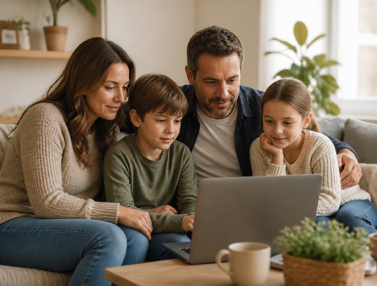 Család együtt nézi a laptopot, tájékozódás közben
